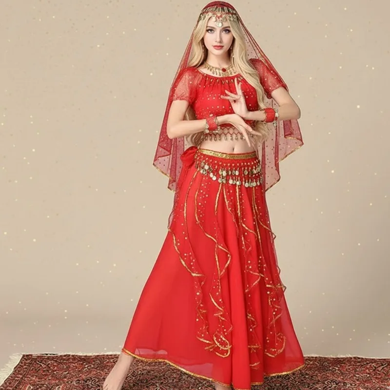 

Топ Choli с короткими рукавами, макси-качели, юбка из 7 предметов, сари, наряд для выступлений, женский комплект костюмов для индийского танца Болливуда