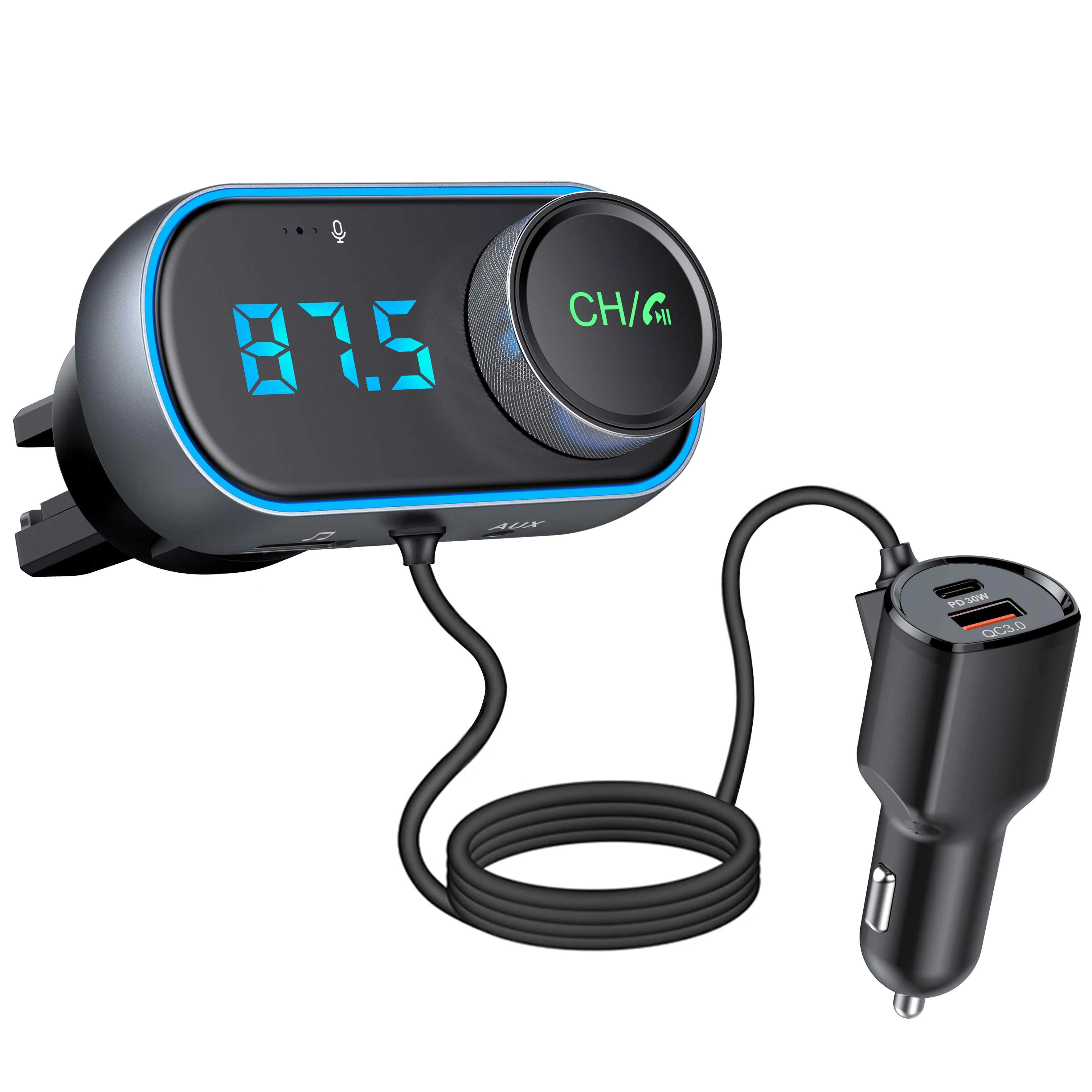 

T78 Air Outlet Car bluetooth V5.0 FM Transmitter 30W PD + QC3.0 Fast Charger Hi-fi Music Player Hands-free Calls U Disk AUX Bass