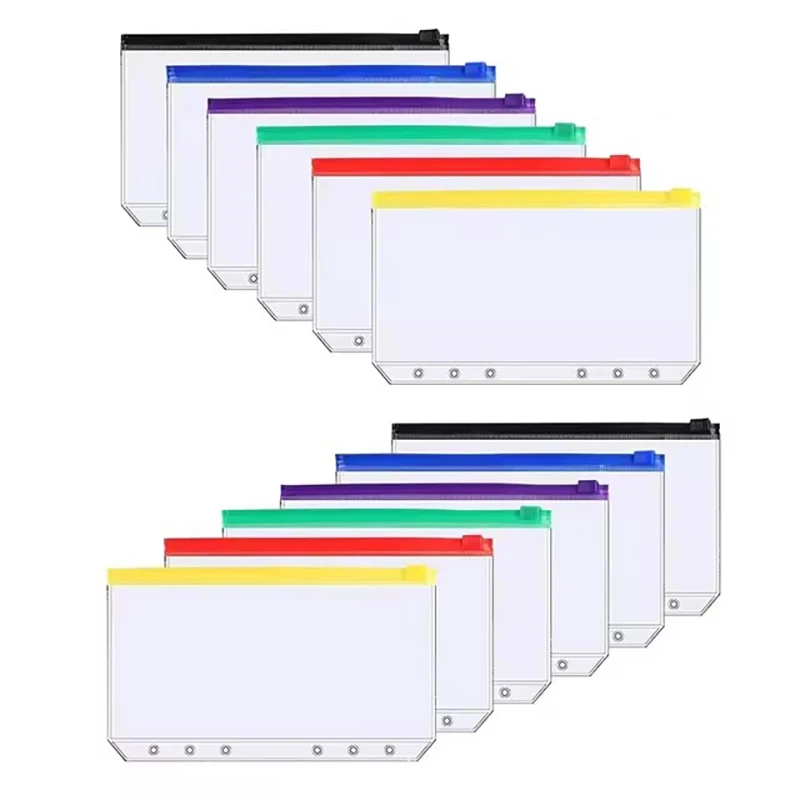 Bolsillos de carpeta A6 de 6 agujeros, sobres de PVC impermeables para presupuesto de efectivo, bolsas de carpeta con cremallera para cuaderno,