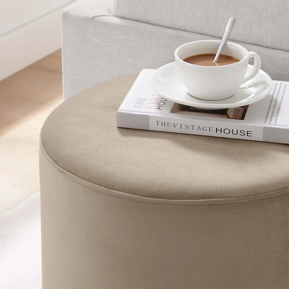 مقعد عثماني مخملي مستدير مقاس 16 بوصة - تنجيد مقاوم للبقع، طاولة قهوة متعددة الوظائف لمسند القدمين لغرفة المعيشة #6