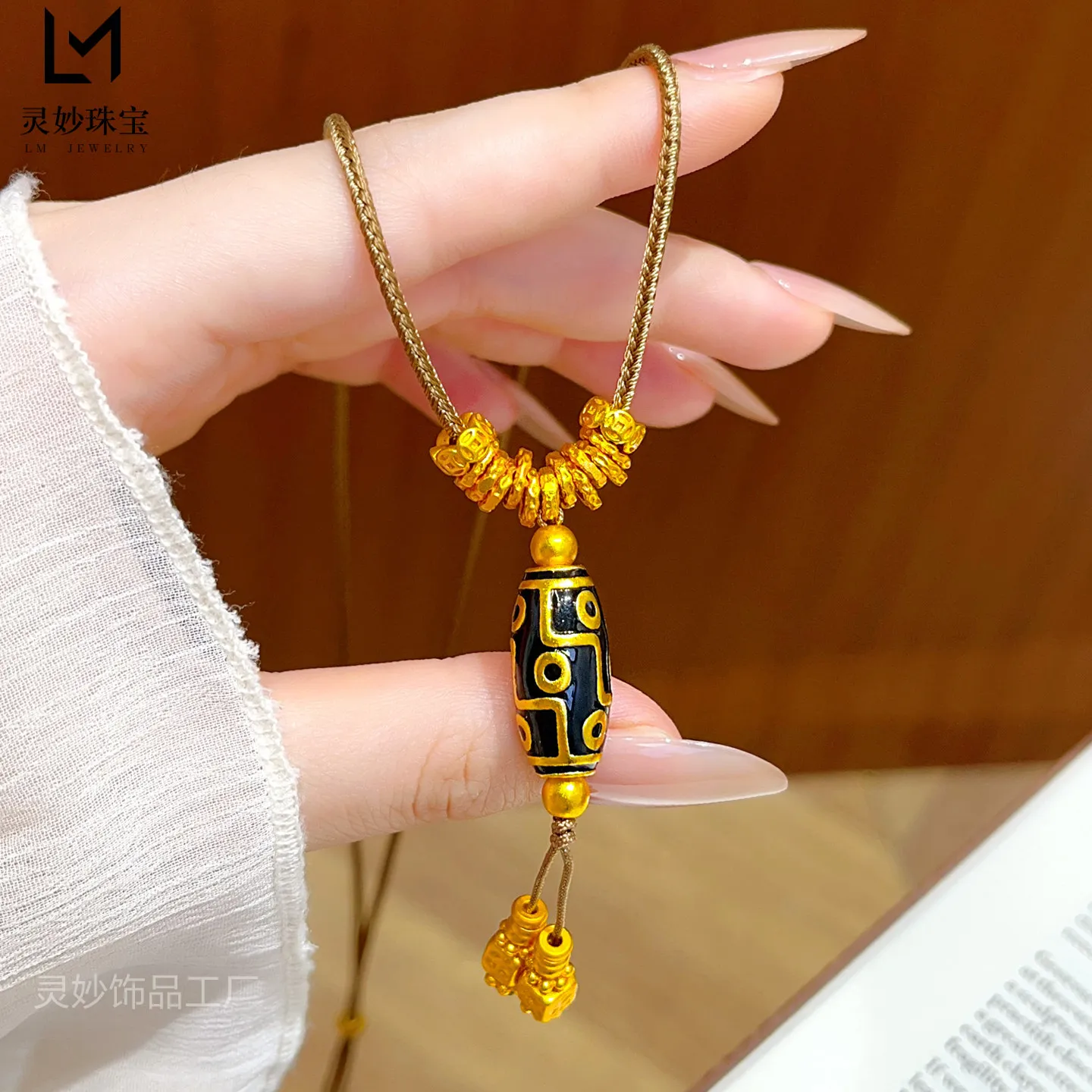 Luxury 9999 24K Solid gold certifid ancient tassel pendant nine-eye dzi beads retro necklace versatile gift for women