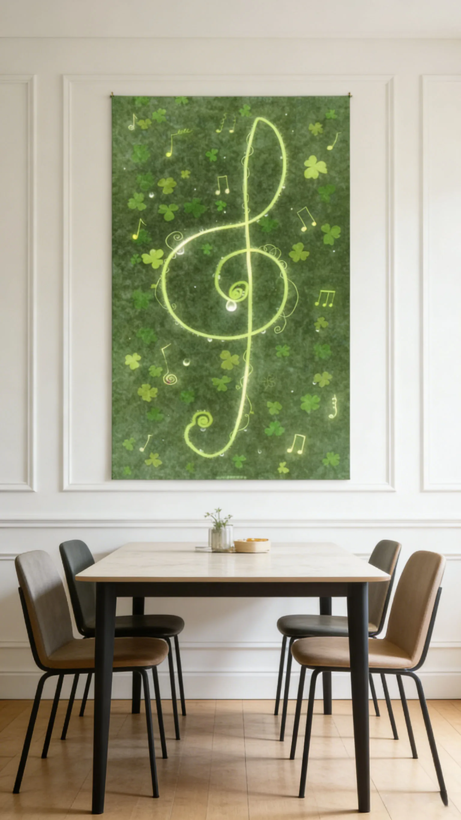 Grüne Noten-Tapisserie mit vierblättrigem Kleeblatt im Vintage-Stil, ästhetisches Musikthema, geeignet für Schlafzimmer, Wohnheim, Osterdekoration