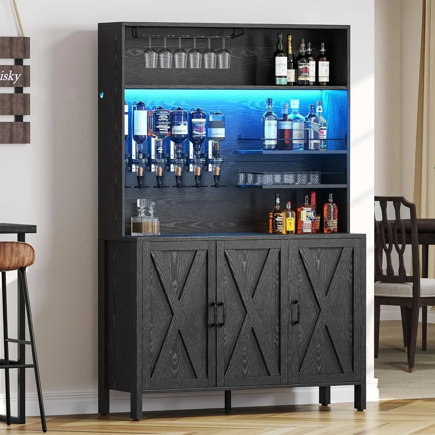 Tall Liquor Cabinets with LED Light, 71" Wine Liquor Bar Cabinet w/ 6-Bottle Liquor Dispenser & Wine Rack, Farmhouse Kitchen Cab