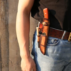 Tourbon Hunting Thick Leather Knife Sheath Handmade Fixed Blade Knives Cover with Button Closure Belt Loop Brown