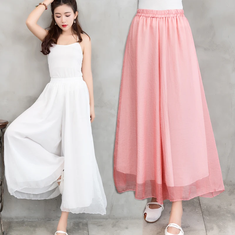 Cintura alta drapeado chiffon calças largas femininas verão fino dança yoga calças casuais fluindo sle design assimétrico longo tro...