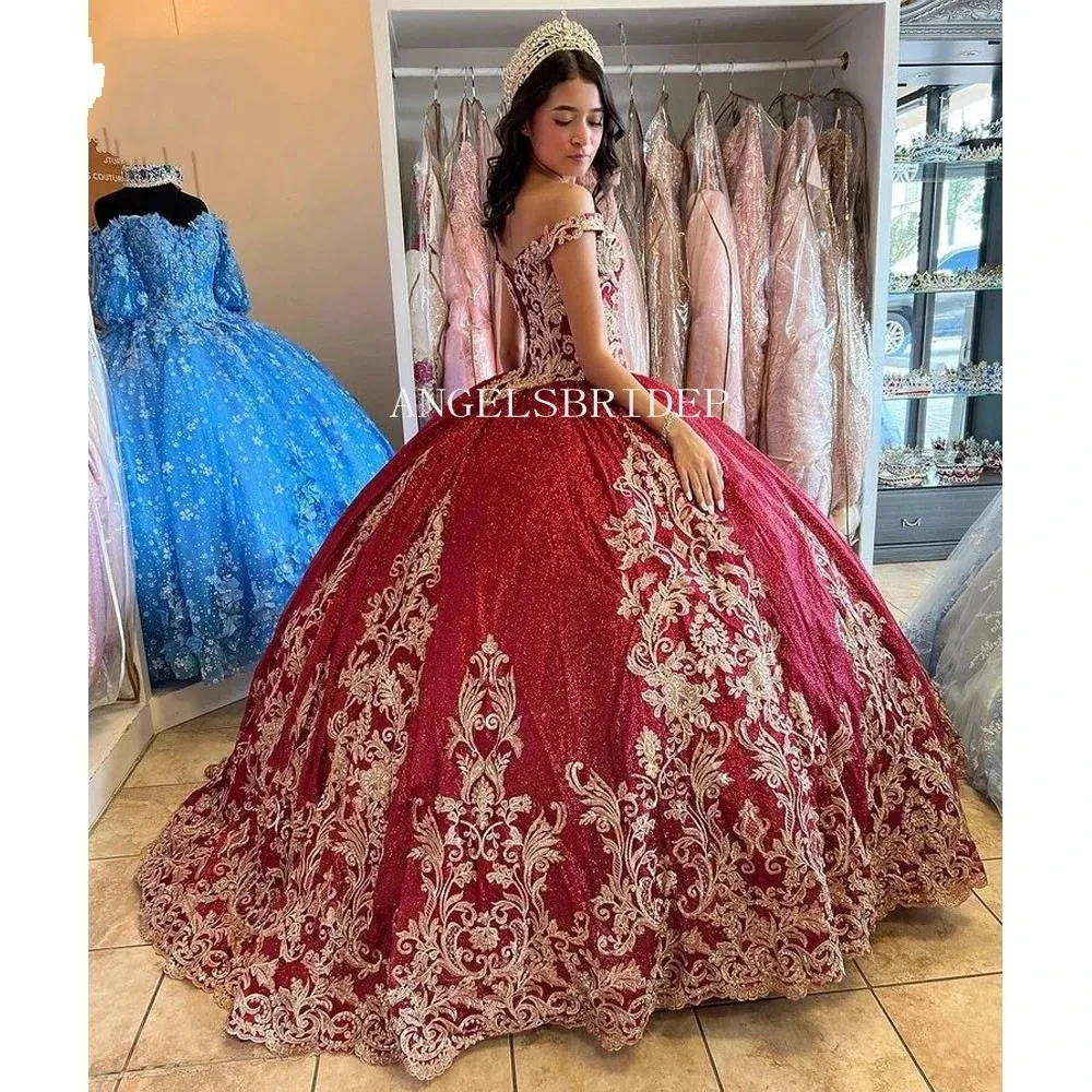 فستان Quinceanera لامع من Angelsbridep ، أكمام مكشوفة الكتفين ، فستان حفلة مزخرف بالدانتيل الذهبي ، مشد للظهر ، 15 عامًا