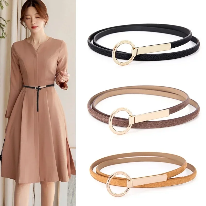 

Pigskin Narrow Leather Belt Strap Dress & Skirt Belts Women Matt Golden Round Buckle Dress Skirt Waist Elastic Thin Belts