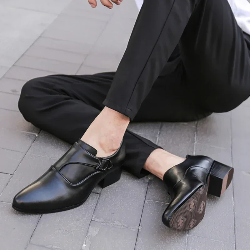 Echt Leer Herenschoenen Zakelijke Mannen Kleding Schoenen Ingelegd 6 Cm Slip Op Puntschoen Man Oxfords Klassieke formele Schoenen Voor Mannen