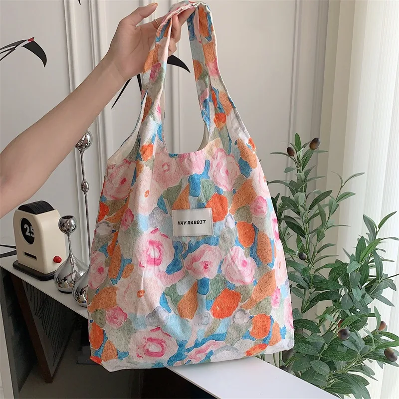 

Women's Shoulder Bag Eco-Friendly Cloth Shopping Bag Flowers Cute Large Capacity Outing Summer College Student Handbags Vintage