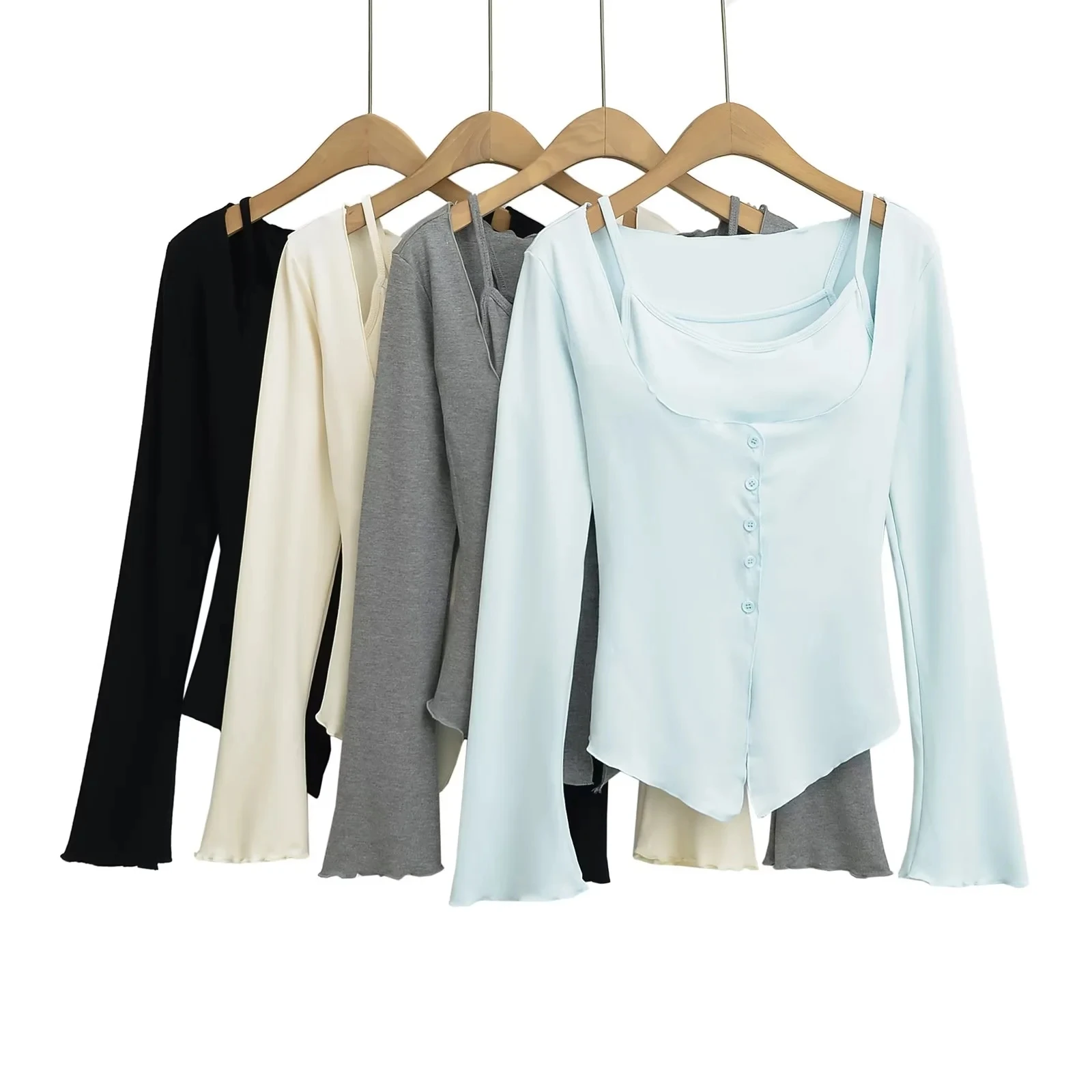 

Spicy Girl Long Sve T-irt Set Women's Autumn New Sle Removable Chest Pad ort Fit Top Wooden Trim Commute Sle ...