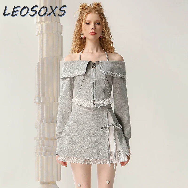 LEOSOXS Pure Desire Style Off Shoulder Sweatshirt Jacket Skirt Set Autumn 2024 New Sexy Coat High Waist Mini Skirt Two-piece Set