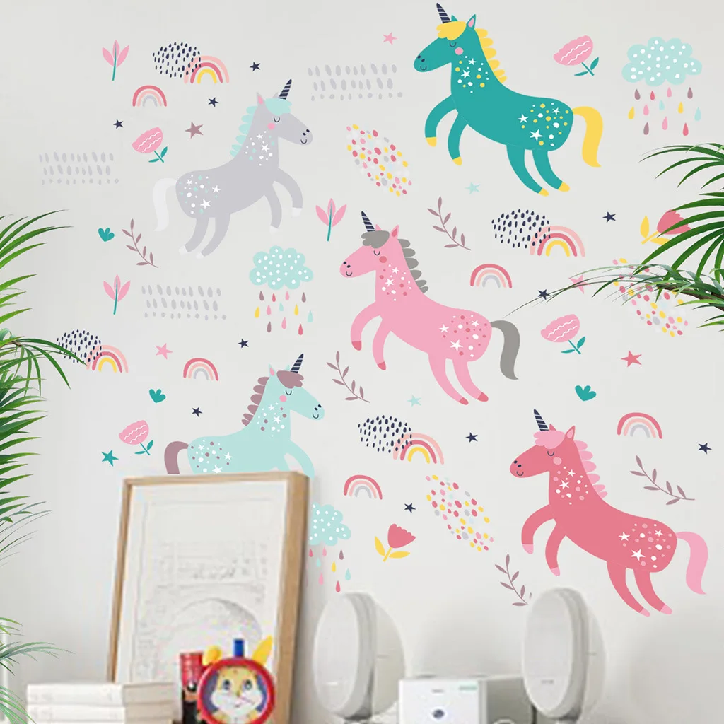 

4pcs/set Lovely Unicorn Wall Stickers DIY Removable for Children's Room Stickers Colorful Rainbow Frosted Decals for Furniture