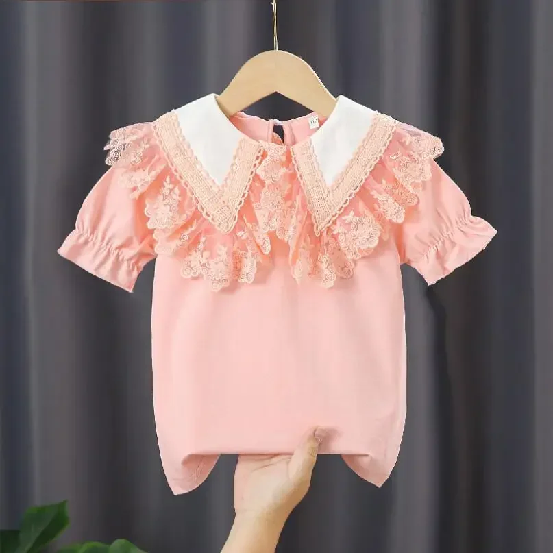 3-10 Years Summer Baby Toddler T-Shirt School Girls White Blouse Cotton Short Sleeve Girl Lace Tops Kids Shirt Children Clothes image 5