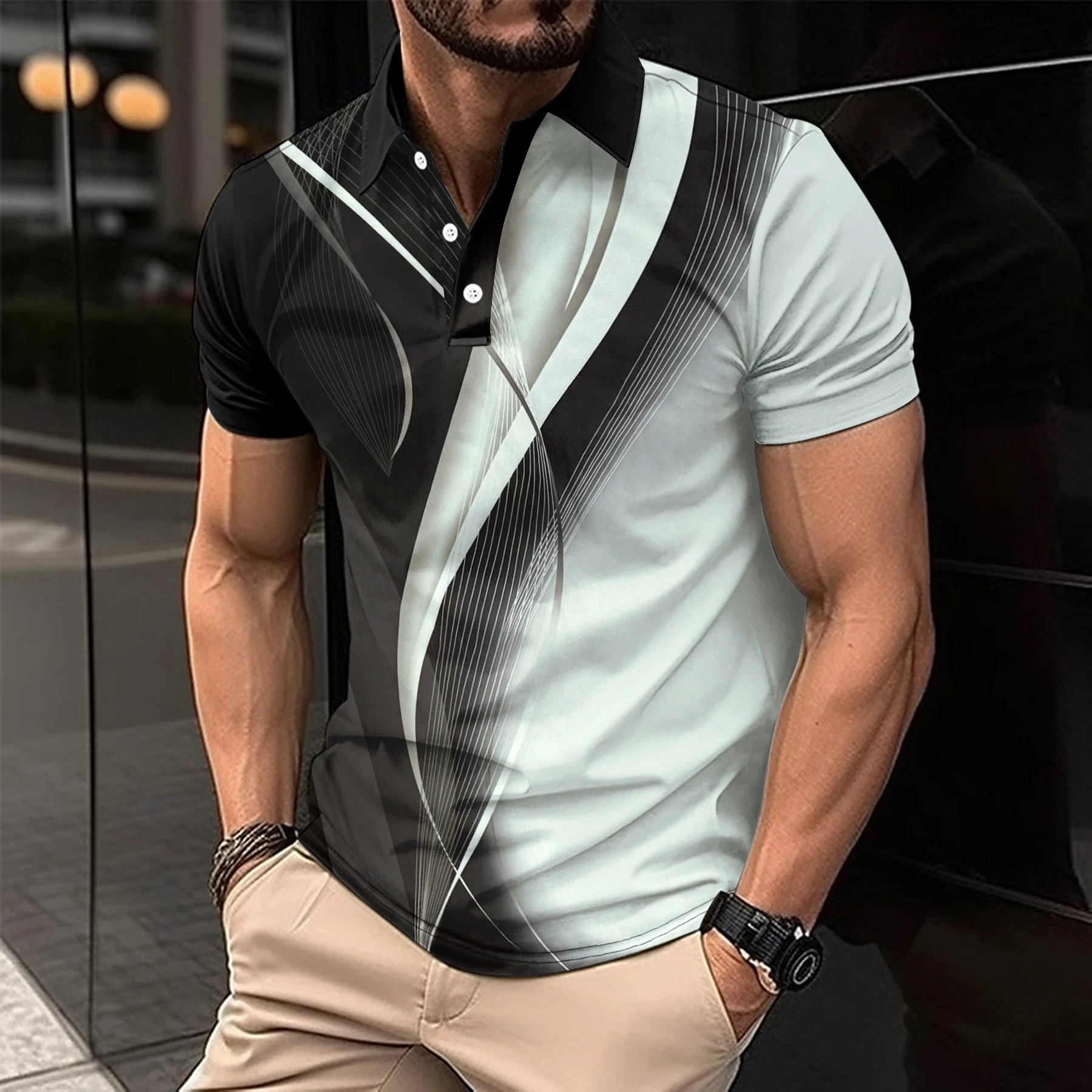 

2024 Summer Men's Fashion lapel Short sleeve 3D digital print casual men's T-shirt lapel shirt Men's breathable Polo shirt