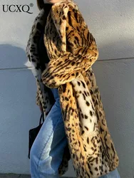 UCXQ Winter Long Warm Thick Leopard Fluffy Faux Fur Coat Women Tiger Print Runway Loose Luxury Designer Clothing Women 2024 New