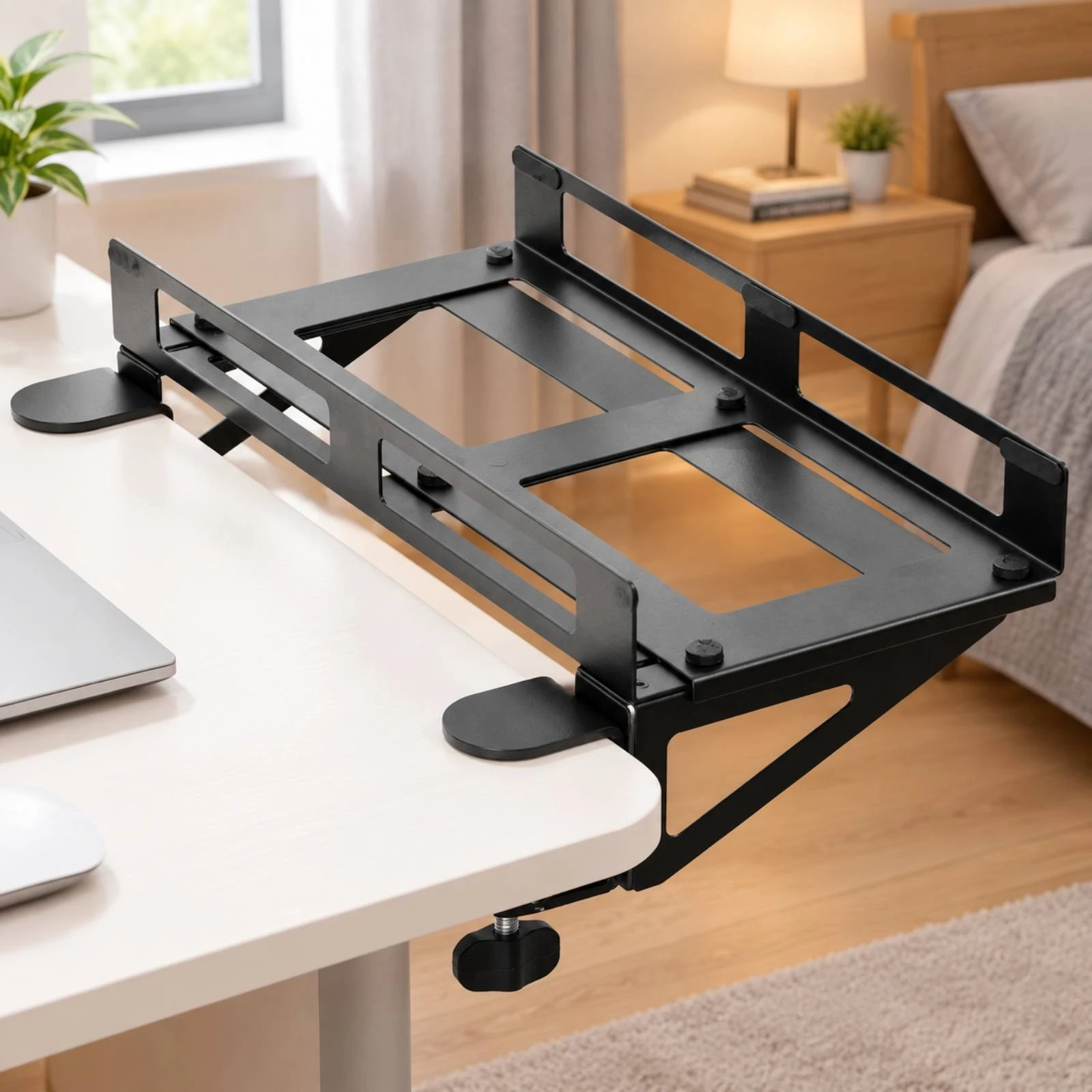 Adjustable Desktop Computer Structure Stand Open Frame Clamp-on Processor Holder PC Mount with Wall Mount Option Space-Saving