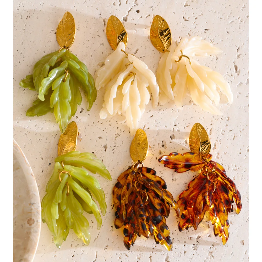 Yhpup Exclusive Design Resin Leaf Tassel Drop Handmade Statement Earrings Autumn Winter Style Stainless Steel Aesthetic Jewelry
