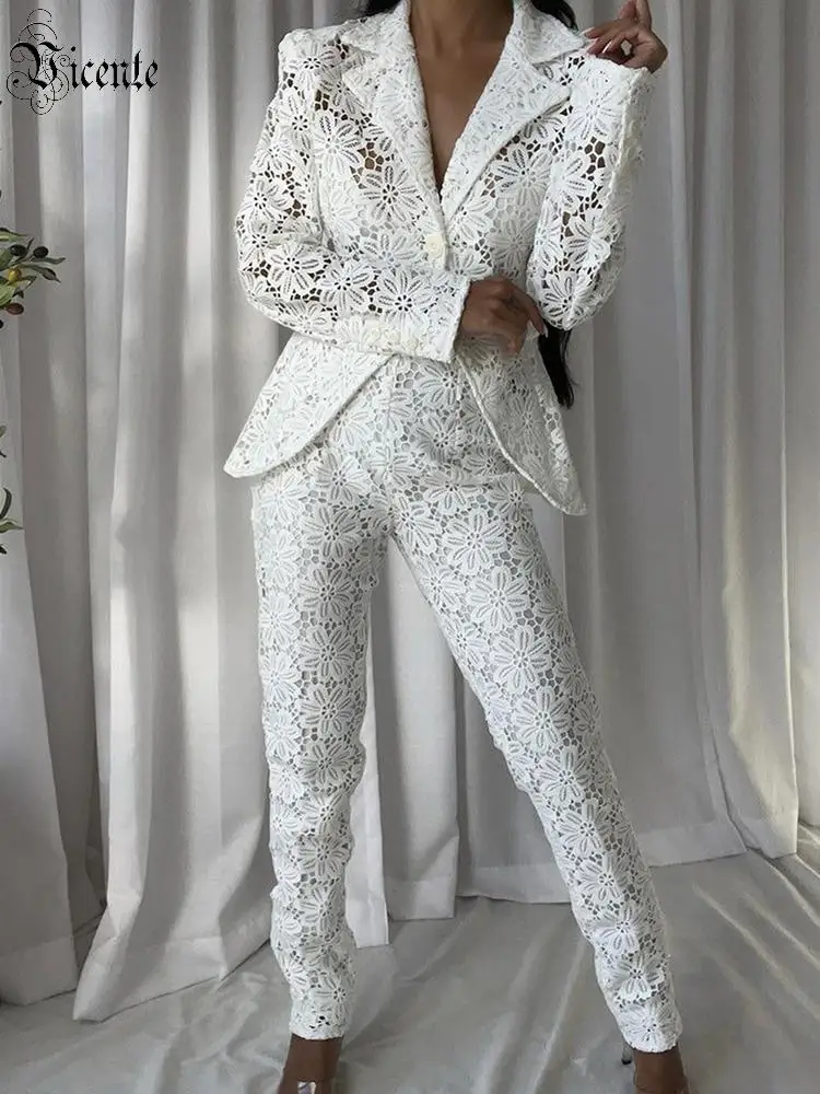

VC White Lace Pantsuit for Women Long Sleeve V Neck Blazer&High Waist Straight Leg Trousers 2 Piece Set Sexy See Through Outfit