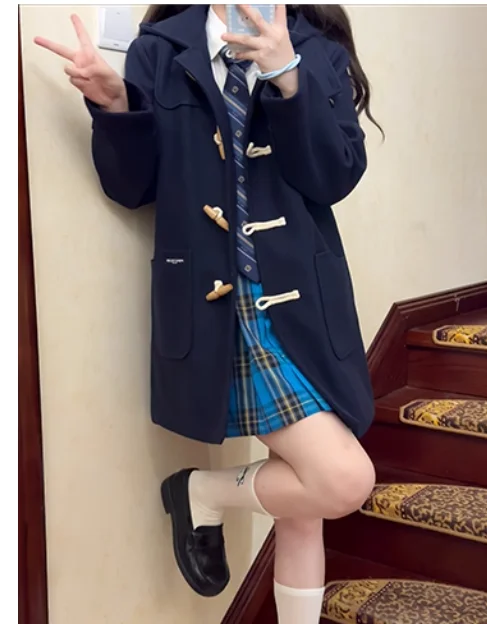 Autumn New Jk College Chic Horn Buckle Age-reducing Hooded Coat Women Sweet Japanese Thickened Medium Long Woolen Jacket