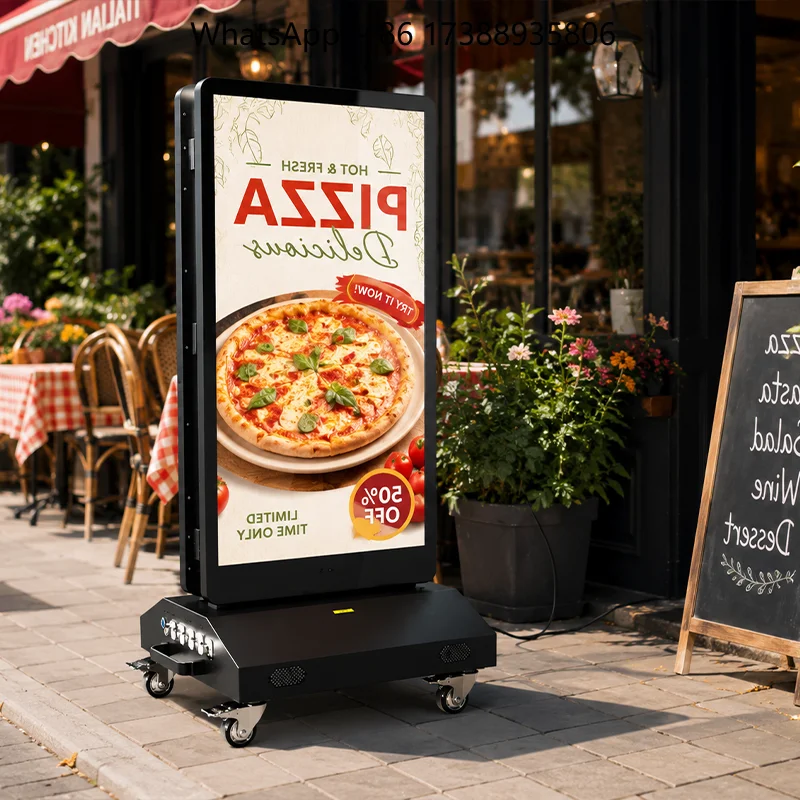Portable Rolling Advertising Display Outdoor Dual Screen Kiosk High Brightness LCD Panel Battery Operated Marketing Equipment