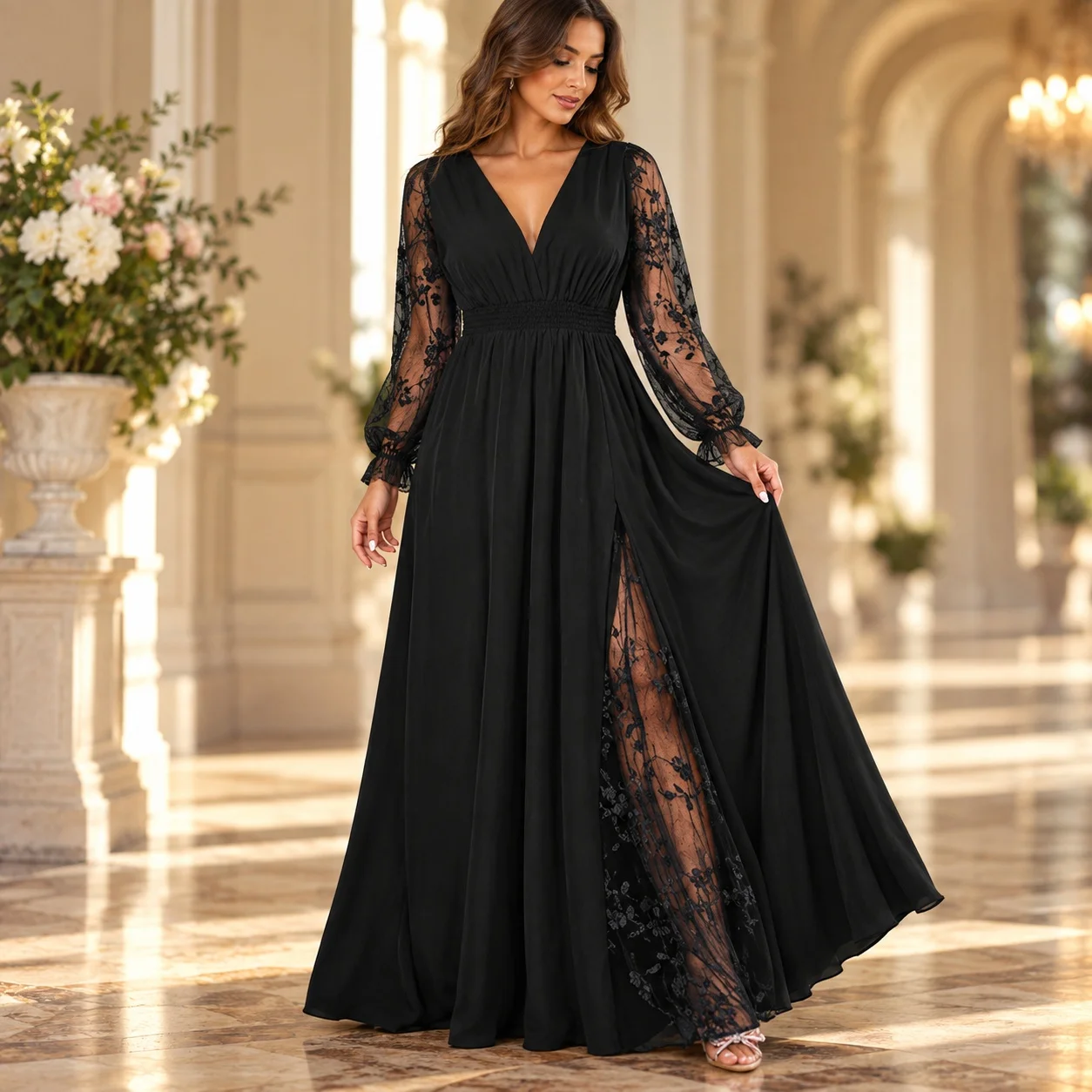 Spliced Patchwork Gown with Elegant Long Dress Full Skirt V Neck Hollow Out Pull on Regular Sleeve Party Dress for Women Summer