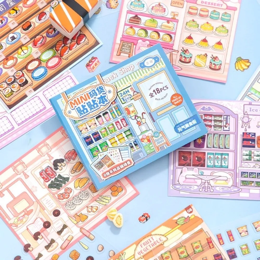 Store Themes 3D Sticker Book 8 Mini Scenes Simulation Games Scenery Stickers Food Fruit Desserts PET Stacking Sticker