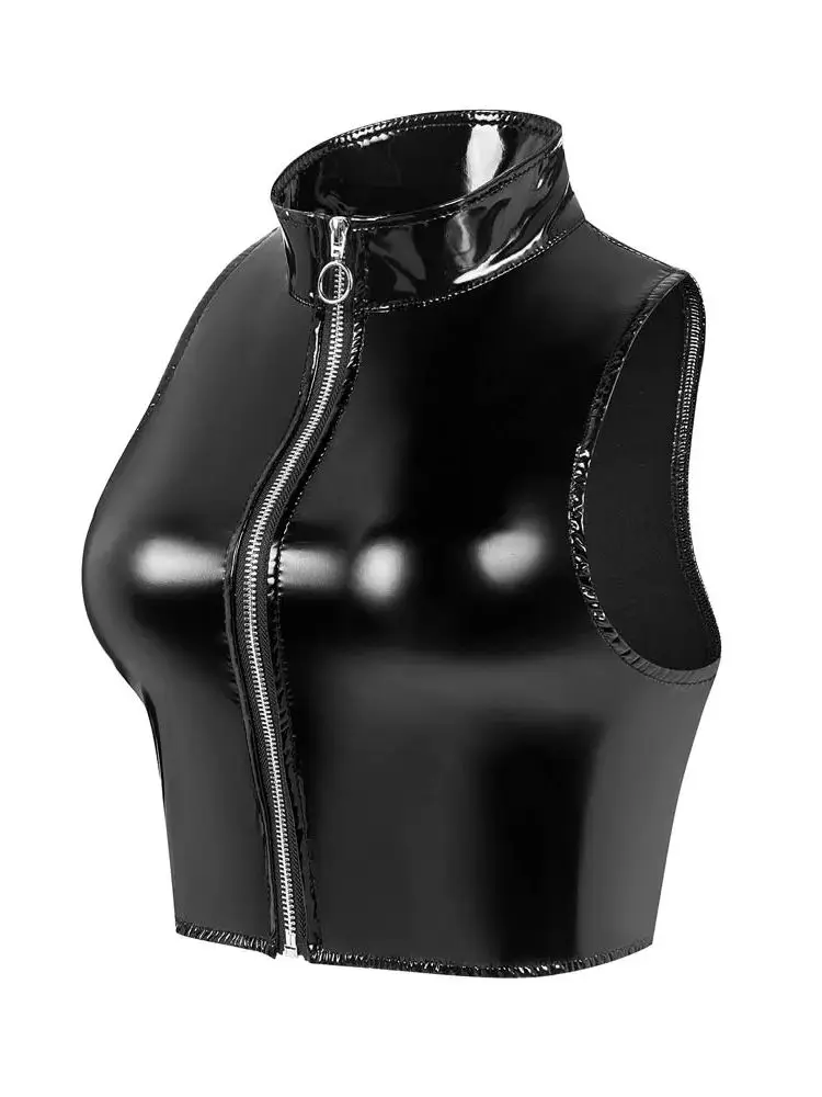 Neues Wet-Look PVC Bustier Tanktop Glänzendes PU-Leder Crop Top Ärmellose Reißverschluss-Weste Camis Enganliegende Sexy Clubwear Croptop