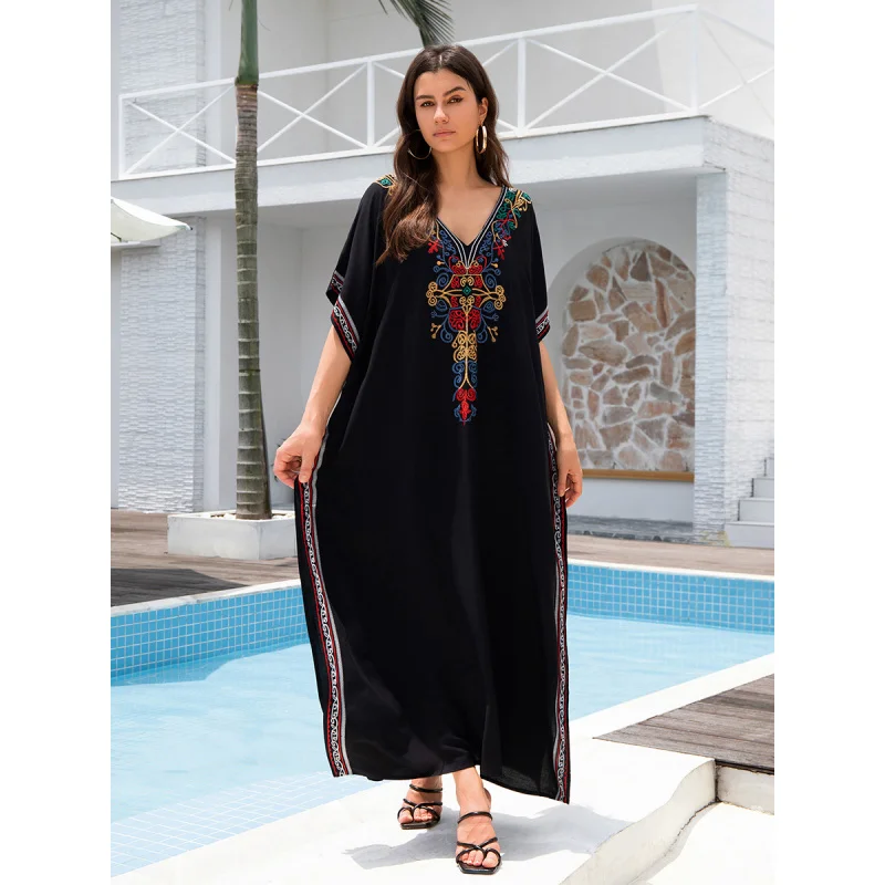 

Black Embroidery Print Sexy V-neck Loose Kaftan Dress 2024 Summer Women Causal Beach Wear Holiday Maxi Dresses