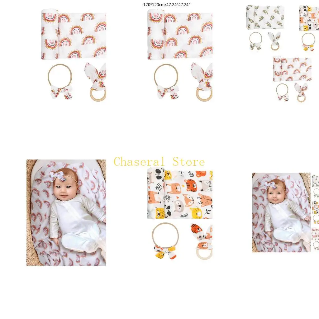 E7CE 3 Pcs Newborn Swaddle Wrap+Headband+Teether Set Baby Receiving Blanket Hair Band