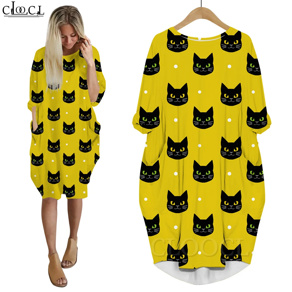 

CLOOCL Pocket Dress Black Cat Head Dress Lightweight Soft Cozy Mid Dress Autumn Cartoon Print Long Sleeves Indoor Dress