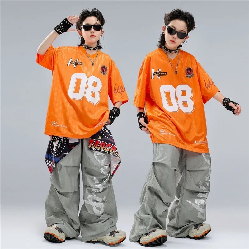 Boys Orange Camouflage Top with Camouflage Pants Modern Hip Hop Jazz Dance Costume for Kids Stage Performance Rave Outfit