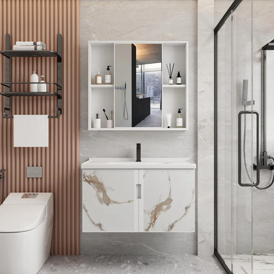 Bathroom CabinetMarble Pattern Aluminum Modern Single Sink Mirrored Small Wall Mounted Bathroom Cabinet Vanity