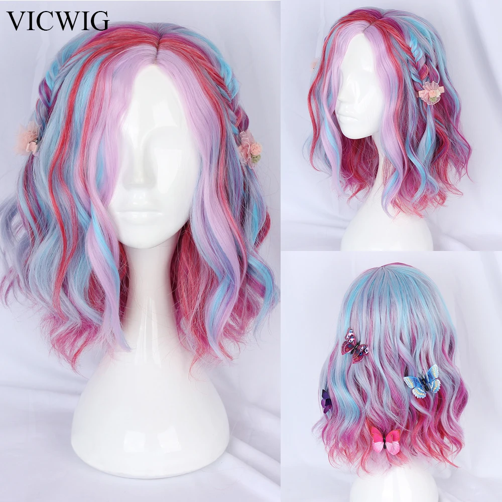 VICWIG Short Wavy Curly Wigs Ombre Colorful Mixed Natural Synthetic Lolita Cosplay Hair Wig for Daily Party