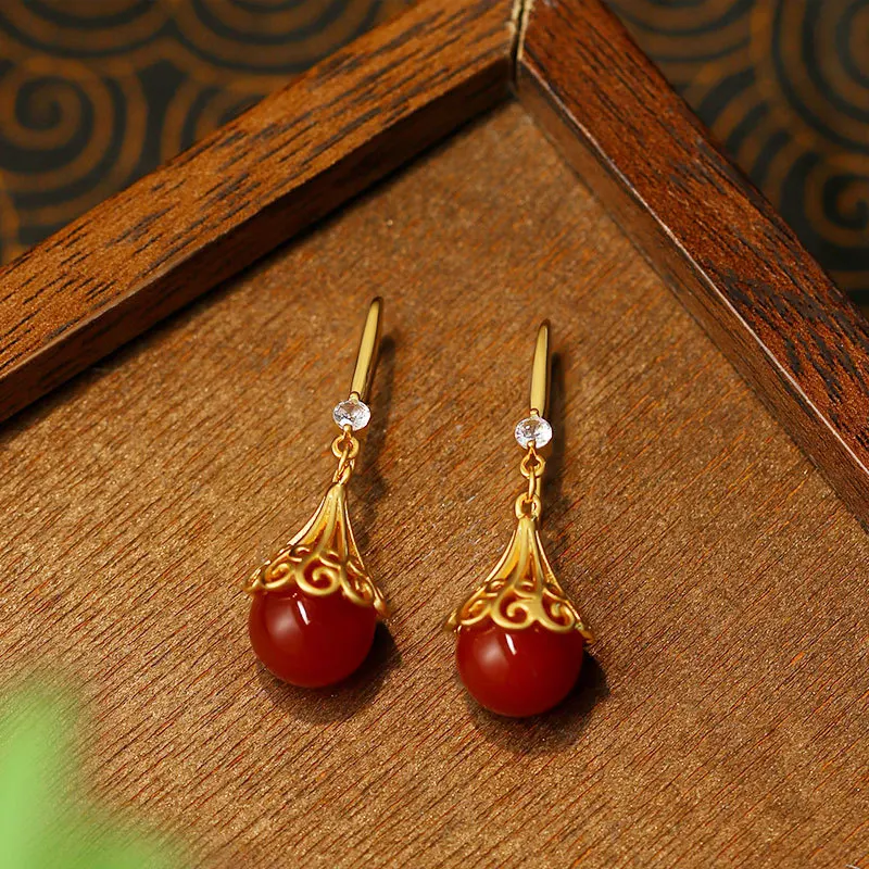 

Натуральные серьги из красного нефрита с бусинами, амулет, резной драгоценный камень, дизайнерские, с покрытием из 18-каратного золота, настоящие ювелирные изделия, винтажные, роскошные подарки для женщин