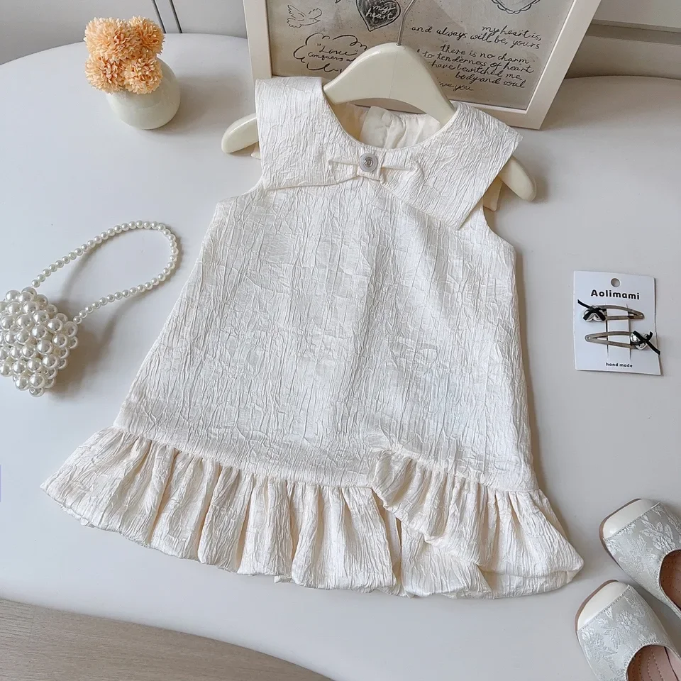 2026 Summer Girls Dress Little Girls Big Turn-down Collar Tank Top Dress Stylish Lotus Leaf Edge Sleeveless French Dress