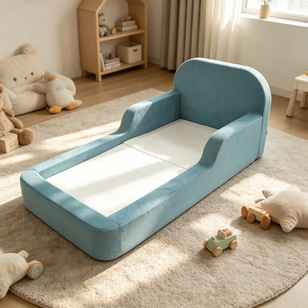 Soft Fabric Upholstered Kids Floor Sofa Bed Easy Clean Multifunctional Convertible Children Bed Compressed‑Packed Kids Furniture