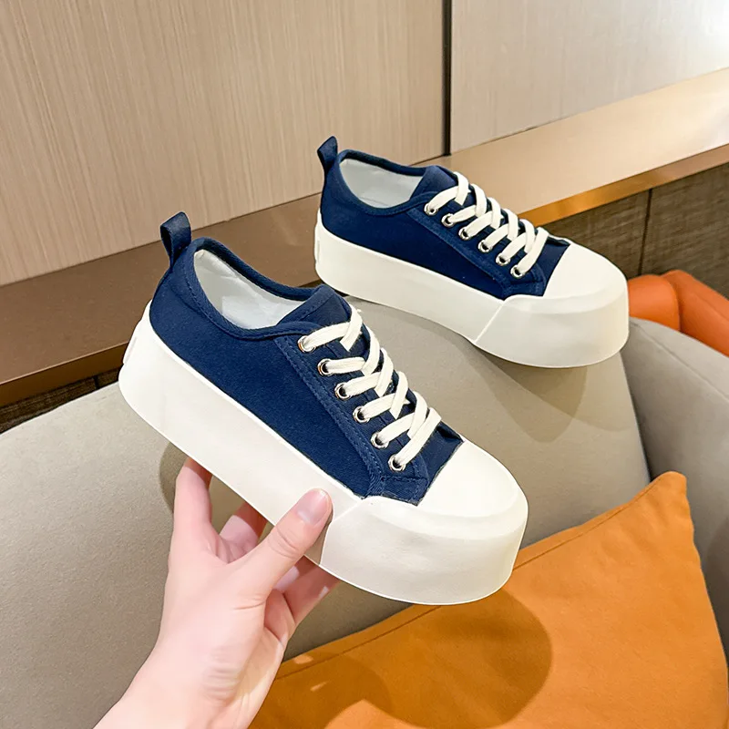 Thick Flat Sole Heighten Canvas Chaussure Femme Low-Top Shallow Zapatos Para Narrow Band Lace-Up Buty Damskie Round Toe Leisure