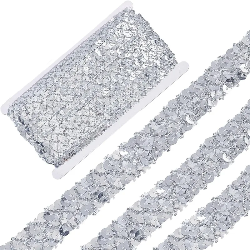 

14.2 Yards 0.8 Inch Sequin Trim Bling Fabric Paillette Ribbons Flat Glitter Silver Plastic Beaded Lace Metallic Gleaming Sewing