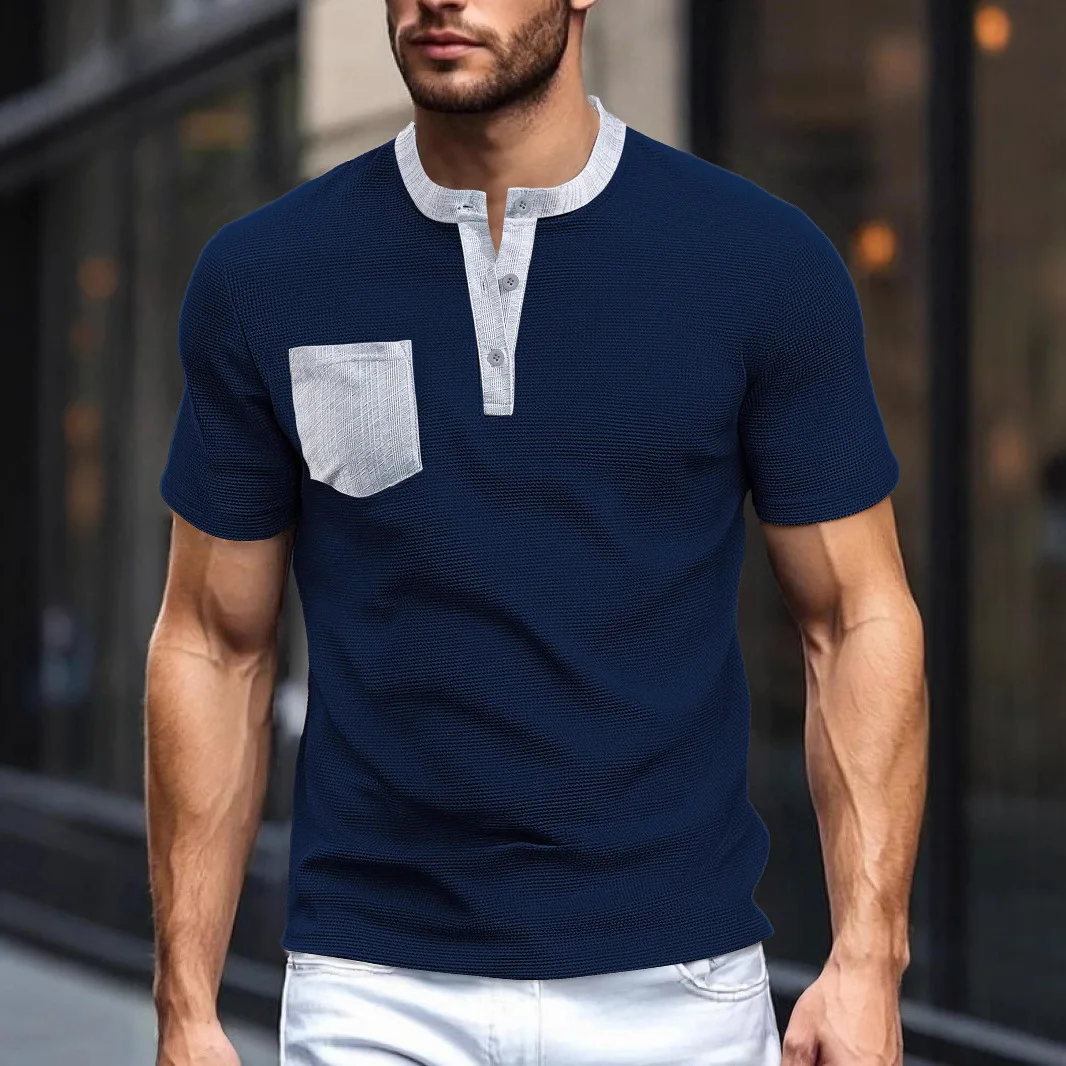 Men's Waffle Knit Henley T‑Shirt Short Sleeve Contrast Placket Stand Neck With Chest Pocket Casual Summer Tops