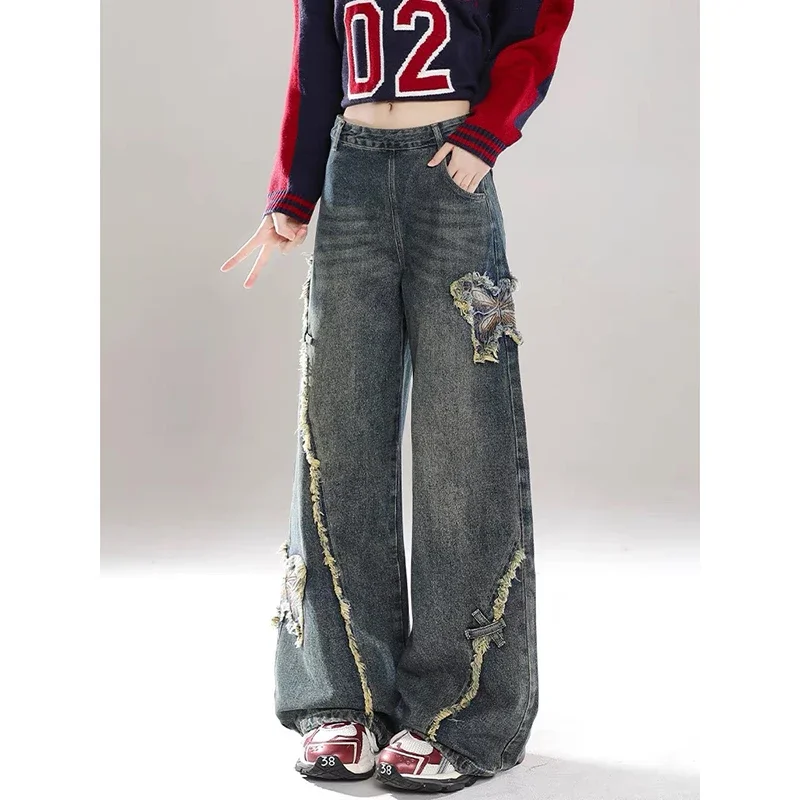 Vintage Butterfly Embroidery Blue Baggy Jeans Women Harajuku 90s Aesthetic Denim Trousers Y2k 2000s Trashy Pants Pantalones