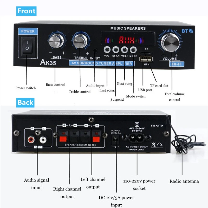 HiFi-Digital verstärker ak35 Bluetooth-Verstärker MP3-Kanal 2,0 Sound verstärker Verstärker Unterstützung 110V-240V für Heimauto max 400W * 2 – Detail 11