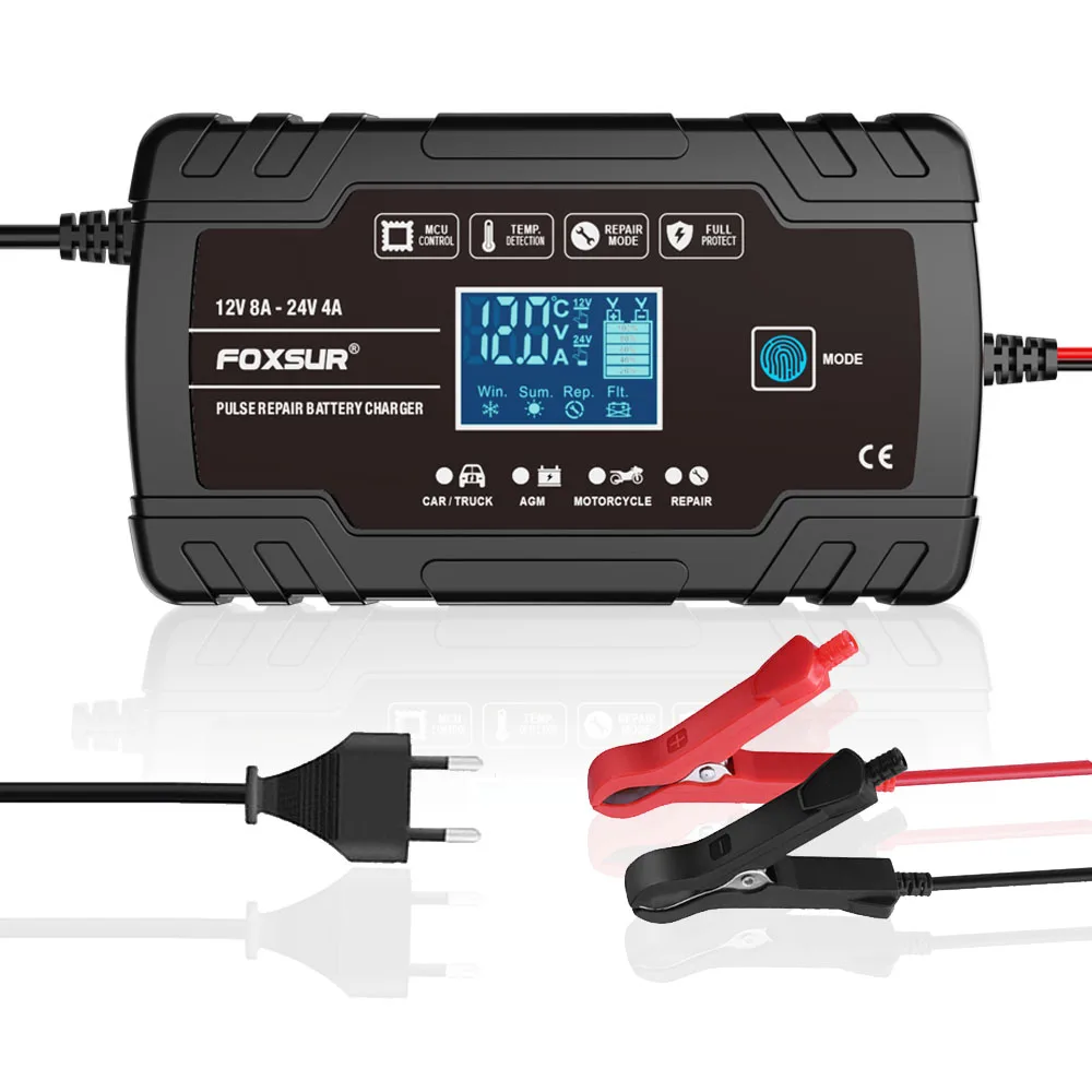 FOXSUR 12V 24V 8A Automatic Battery Charger Digital Display Pulse Repair LCD Display Smart Car Charger GEL Lead-Acid WET Battery