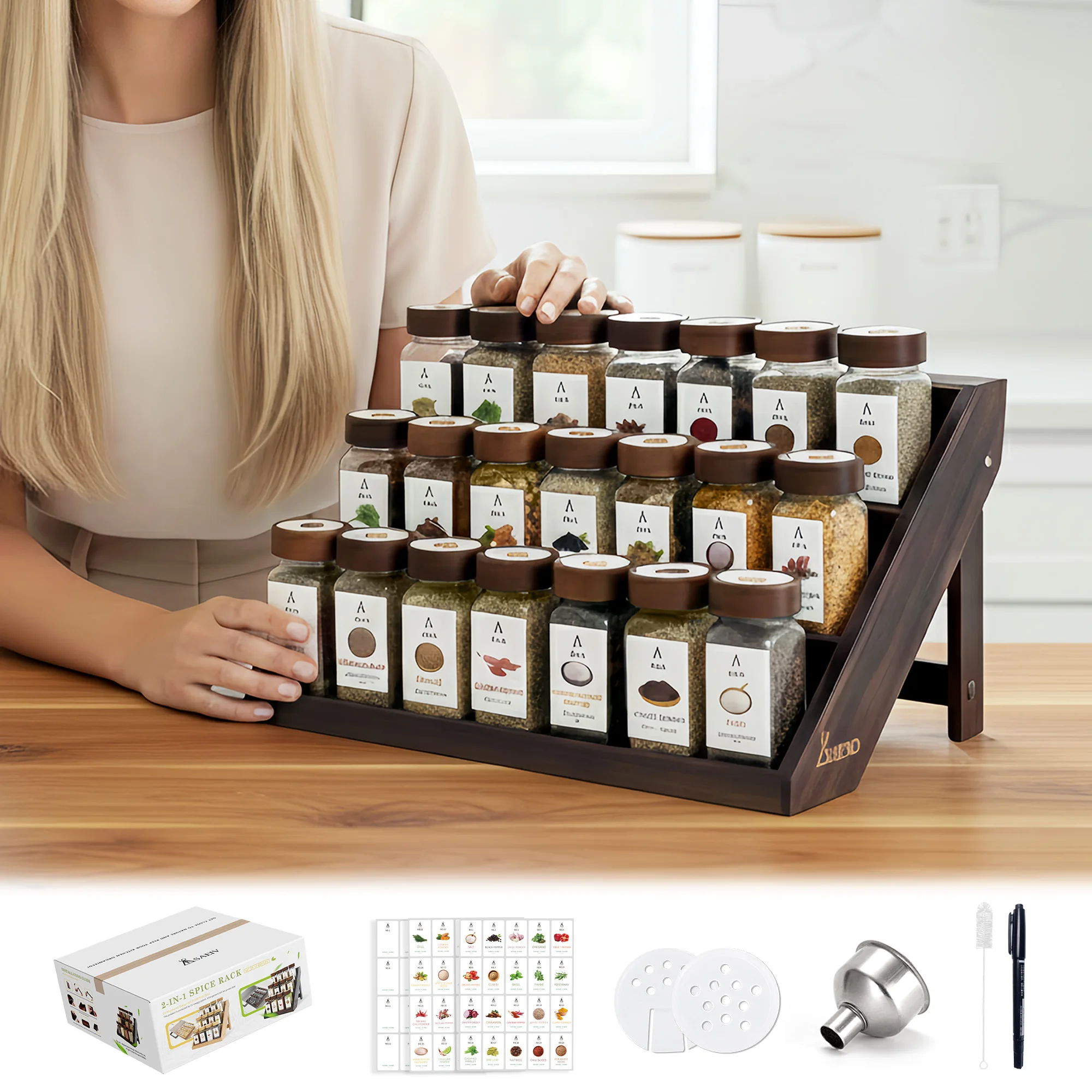 SAEIV 12/21 Barattoli in Vetro per Spezie con Porta Spezie in Legno a 3 Livelli, Set Organizzatore per Spezie da Cucina, Contenitori per Condimenti con Coperchi, Porta Erbe per Piano di Lavoro, Armadietto, Dispensa, Cucina Domestica