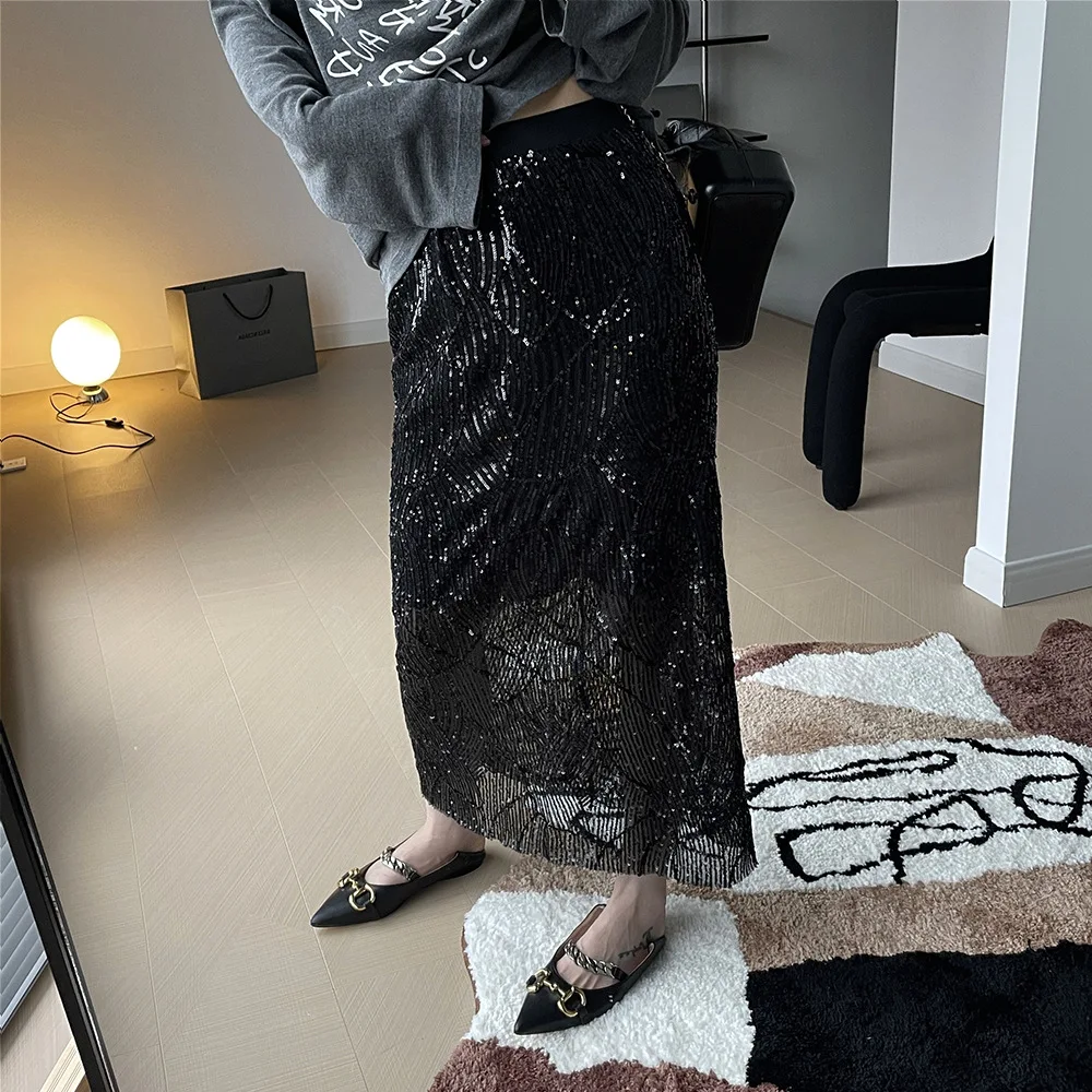 Sequins Midi Skirt Women\'s Clothing Layers Tulle Skirts Womens Black Thin Adult Tulle Skirts Elastic High Waist Pleated Straight