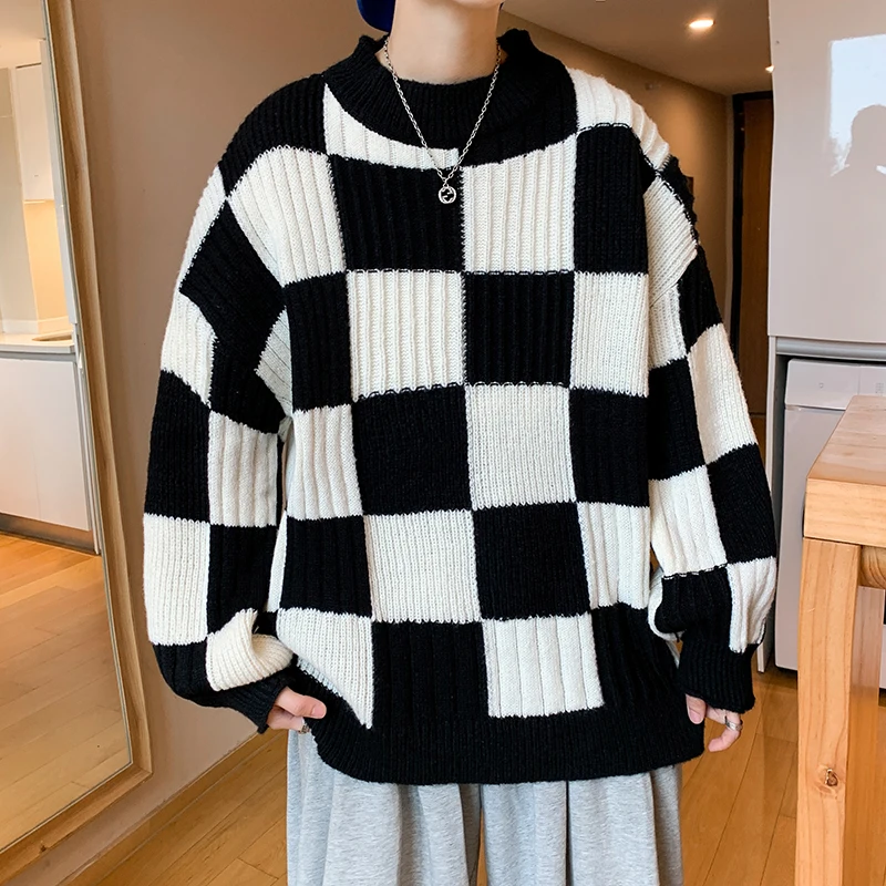 

Harajuku Plaid Sweater Baggy Japanese Knitwears Men Round Neck Loose Casual Autumn Winter Knitted Pullover Sweater D163
