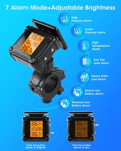 Imagen 2 del producto Srnubi-sistema de control de presión de neumáticos para motocicleta, Sensor de alarma de temperatura de neumáticos con pantalla LED colorida, TPMS inalámbrico, carga Solar