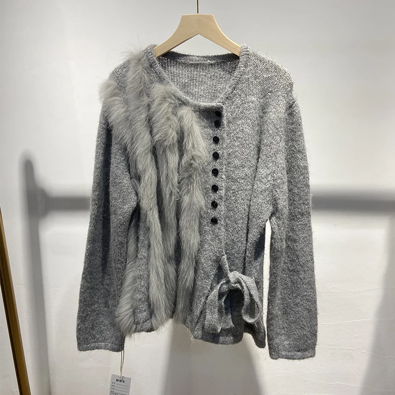 เสื้อสเวตเตอร์ขนสุนัขจิ้งจอกแท้ ดีไซน์พิเศษสำหรับผู้หญิง ฤดูใบไม้ร่วง 2025 เสื้อแจ็คเก็ตขนสัตว์ถักนิตติ้ง ฤดูใบไม้ผลิ ขนสัตว์แท้