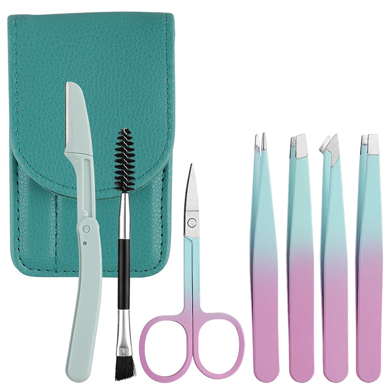 多目的7本入りカラフル眉用ピンセット、斜め/平型ポイント付き、眉毛や埋没毛除去用美容ツールセット