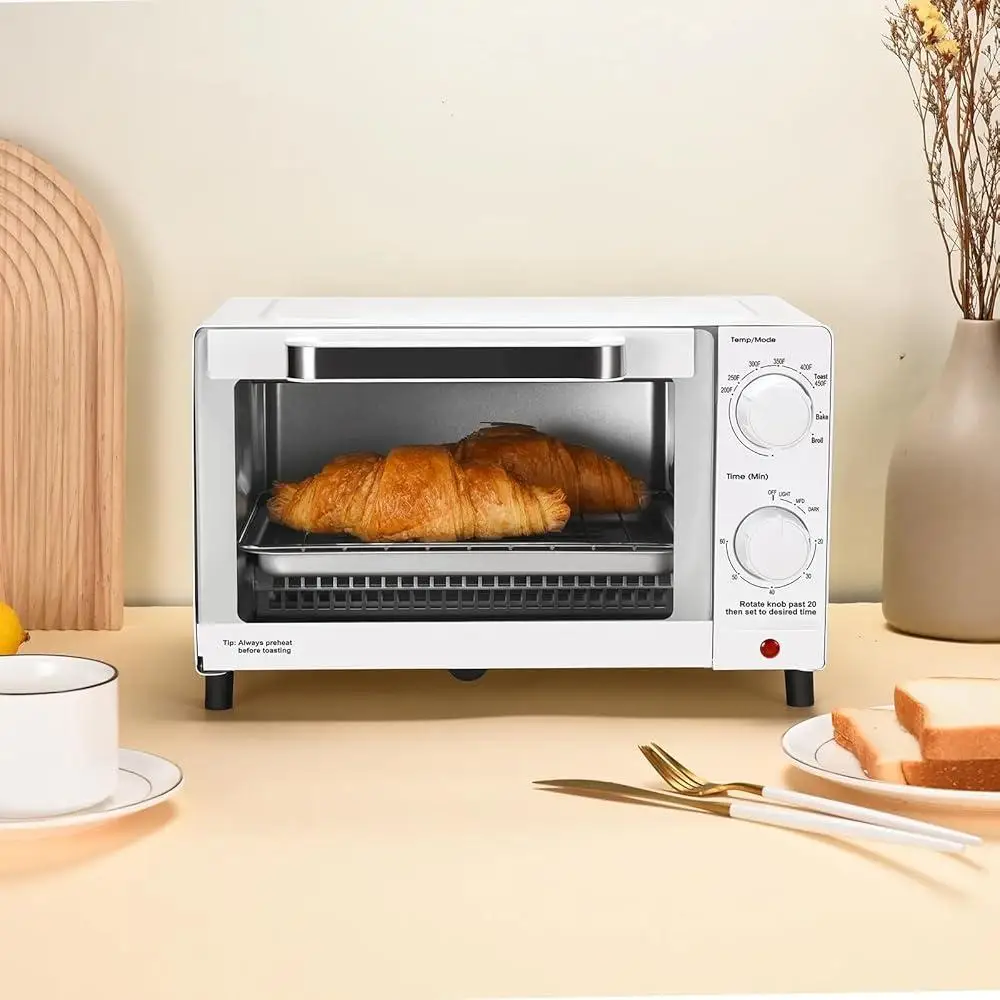 4 Slice Toaster Oven 1050W with Adjustable Timer Power Indicator Light Quartz Heating Elements Baking Rack Pan Toast Bake Broil