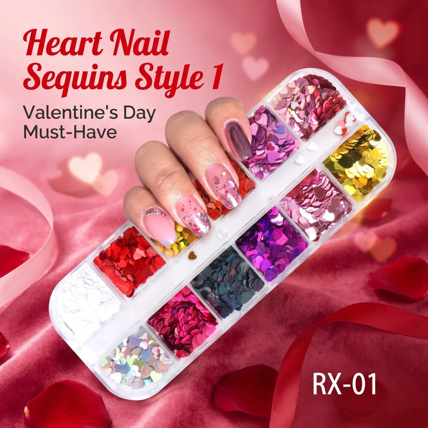 12-Color laser heart nail glitter | Valentine's Day ultra-sparkly nail accessories | Mixed size appliqués | DIY craft body art